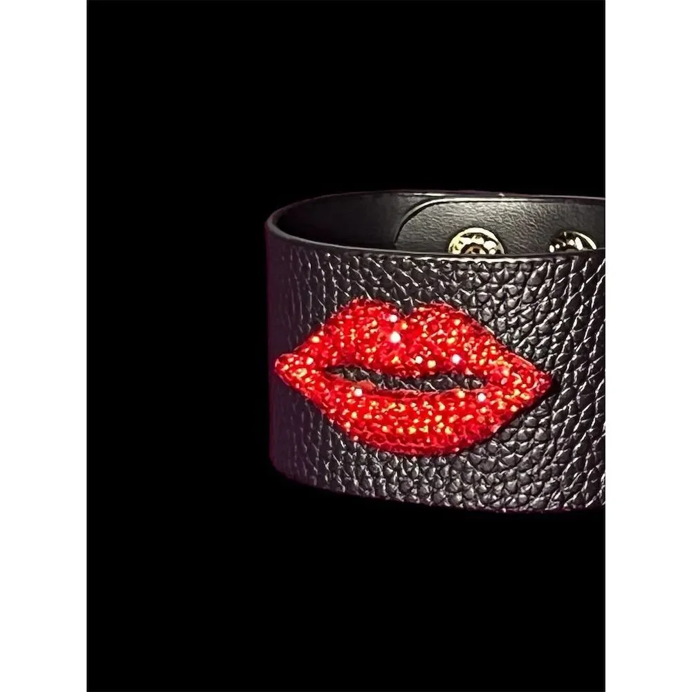 Rhinestone Red Lip Cuff Bracelet Black PU Leather​